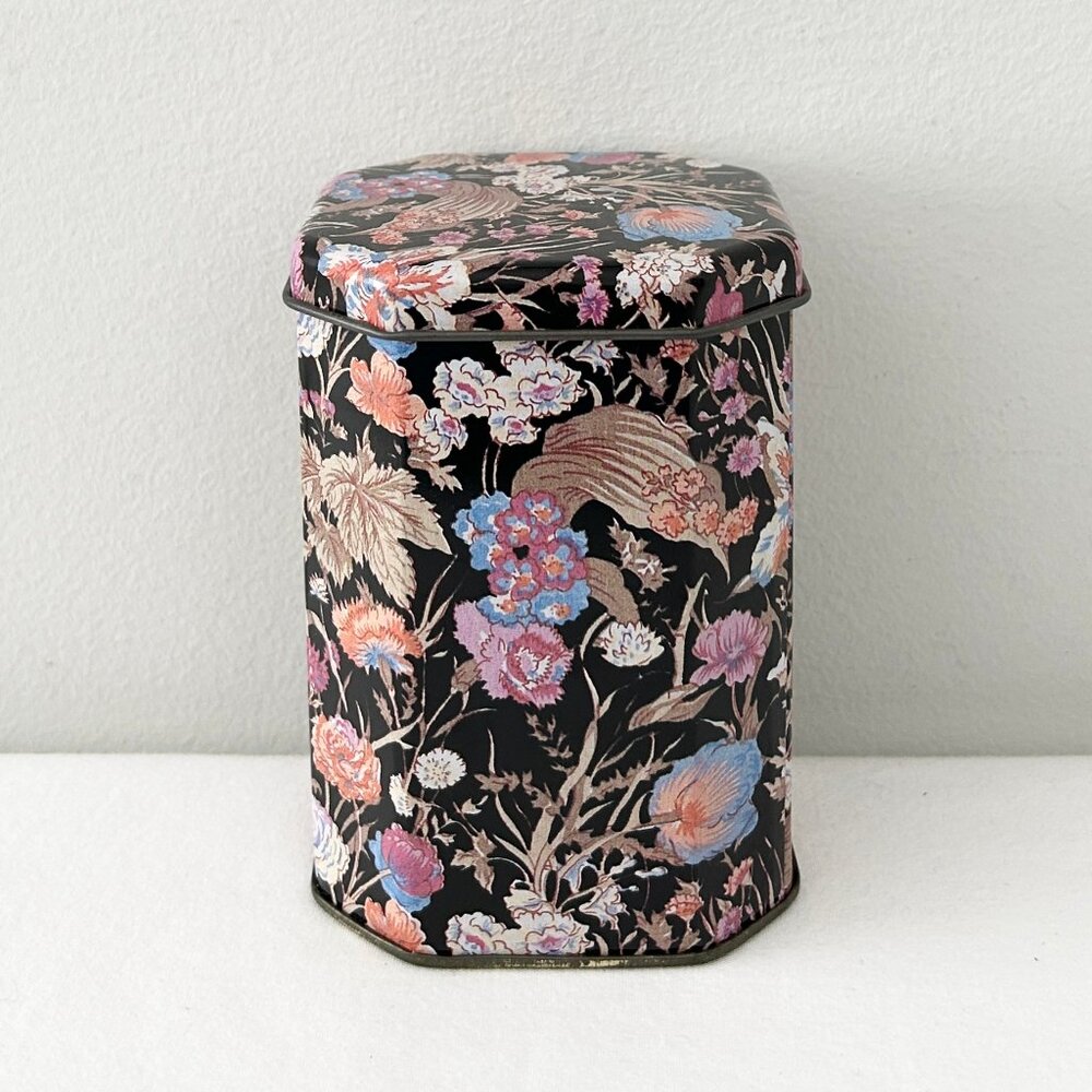 Vintage TIN BOX COMPANY Black Floral Tin Canister Octagon 4.5” TBC Design